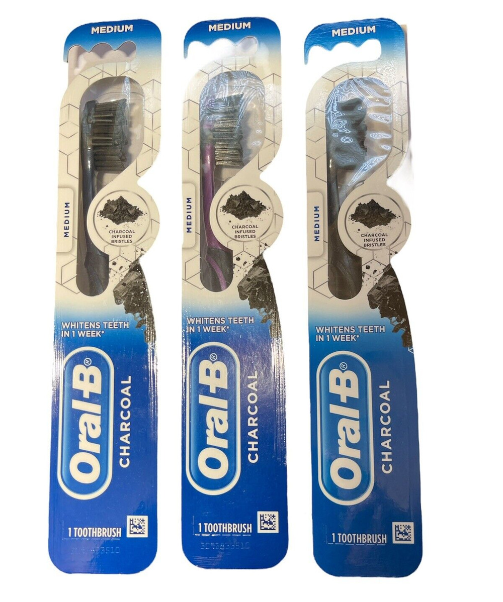 Oral-B Charcoal Infused Bristles Medium Whitening Manual Toothbrushes Pack of 3